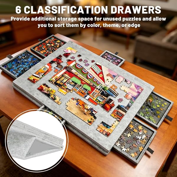 Occzin Table puzzle inclinable pour 1000 pièces avec 6 tiroirs - Planche à puzzle portable 2 en 1 avec support et couvercle - Planche de puzzle en feutre super légère pour adultes (gris) - 4
