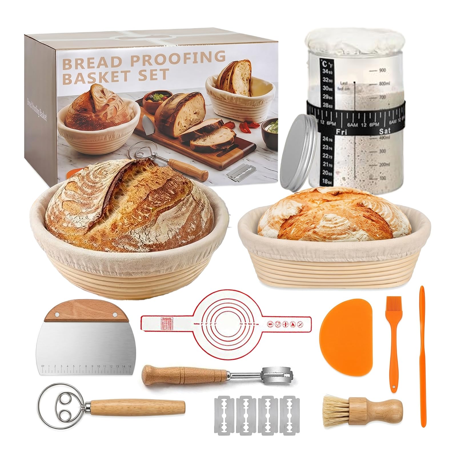 Banneton pain levain lot 2, kit fermentation avec accessoires boulangerie
