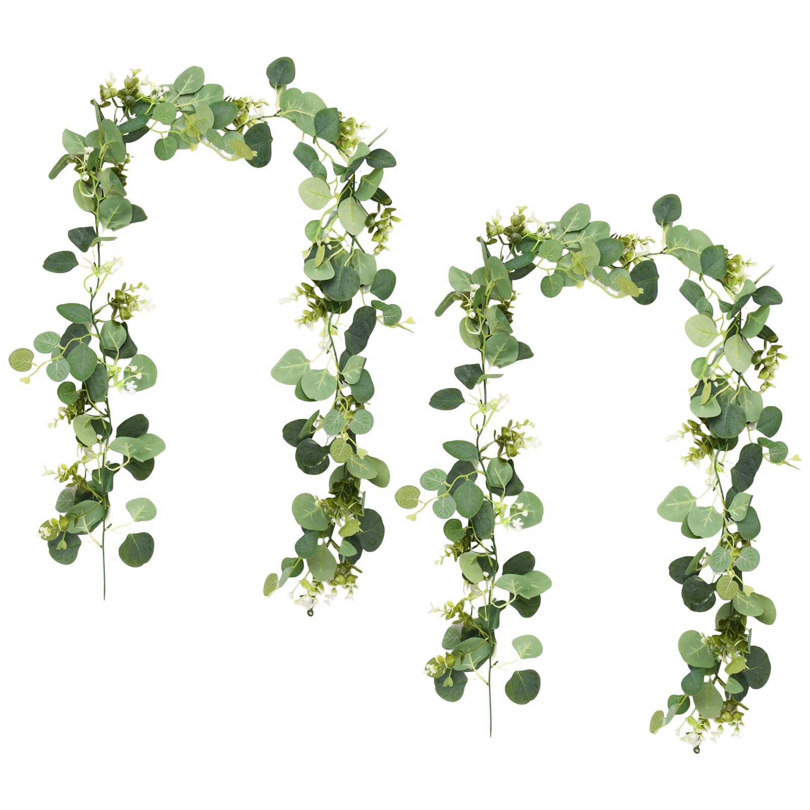 Vesaneae 2 Pz 1.8m Guirnalda Eucalipto Artificial, Guirnalda Plantas Decoración con Hojas Verdes y Flores Blancas, Vides Hojas de Eucalipto Colgantes para Boda, Fiesta de Bebe, Arco, Mesa
