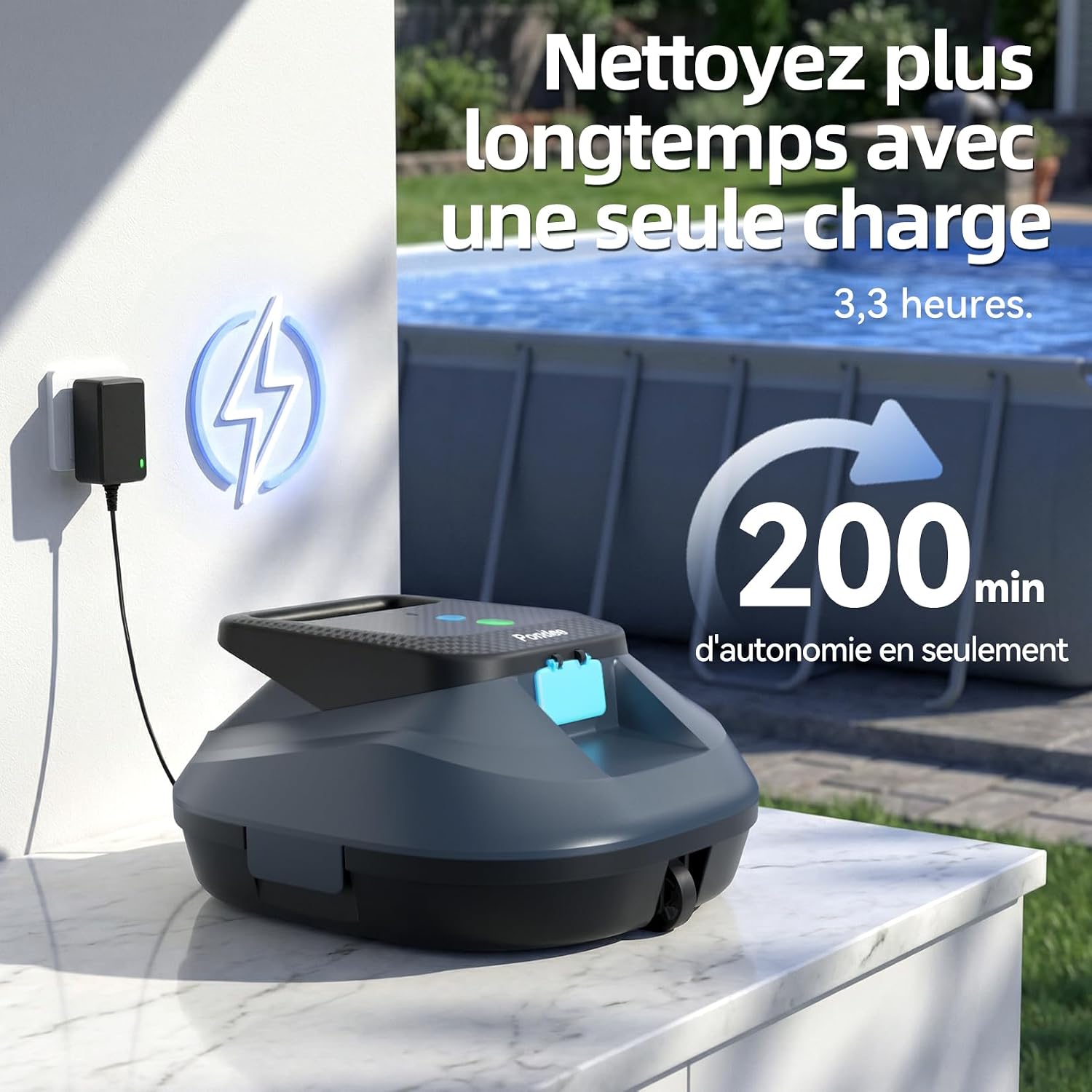 Pondee X2 charging, showing a charger plugged into a wall socket and the robot on a surface next to a pool.