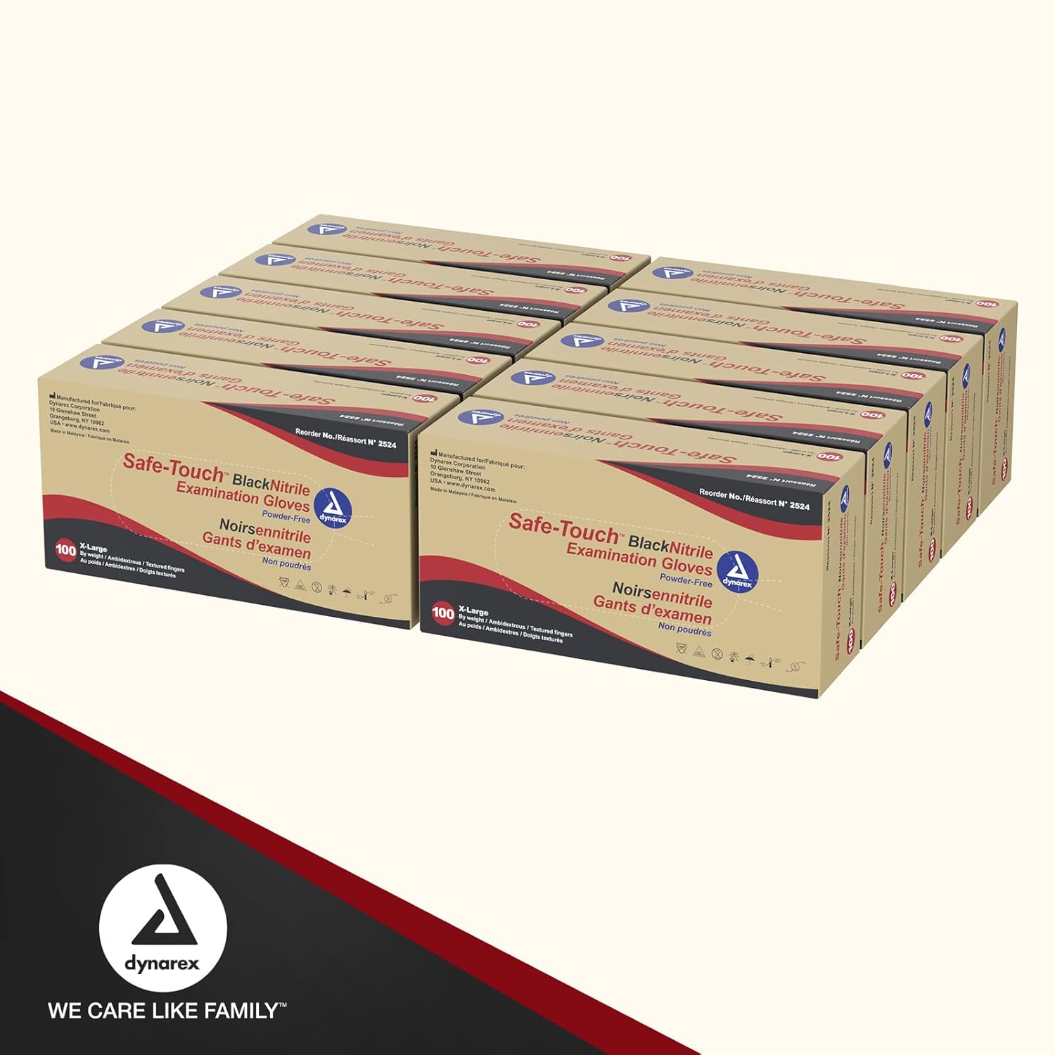 Dynarex Safe-Touch Black Disposable Nitrile Exam Gloves, Powder-Free, Used in Healthcare & Professional Settings, Law Enforcement, Tattoo, Salon or Spa, 1 Case, 10 Boxes of 100 Gloves (X-Large)