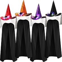8 Pcs Halloween Witch Costume 4 LED Glowing Hats 4 Black Capes,Mesh