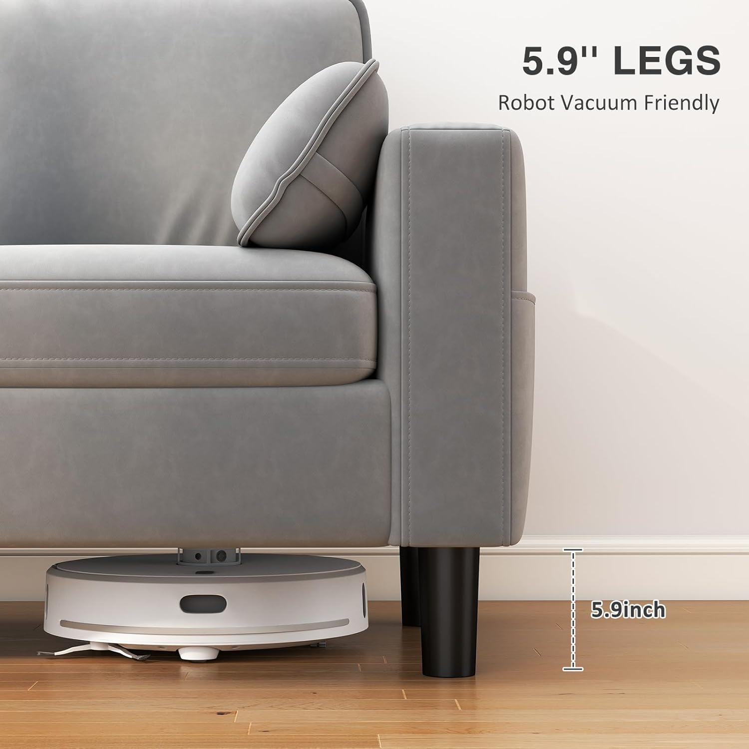 FIZZEEYY 78.7" Mid-Century Modern 3-Seater Sofa with Chaise Lounge, Removable Cushion Covers, 2 Armrest Pillows & Metal Frame-Grey Upholstered Couch for Living Room, Bedroom, Apartment, Office