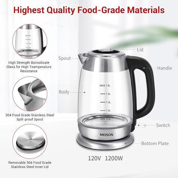Electric Tea Kettles Glass for Boiling Water, Speed-Boil Electric Kettle,Hot Water Boiler Heater, Borosilicate Glass Teapot, Auto Shut-Off & Boil-Dry Protection, 1.8 Liter, (glass)