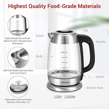 Electric Tea Kettles Glass for Boiling Water, Speed-Boil Electric Kettle,Hot Water Boiler Heater, Borosilicate Glass Teapot, Auto Shut-Off & Boil-Dry Protection, 1.8 Liter, (glass)