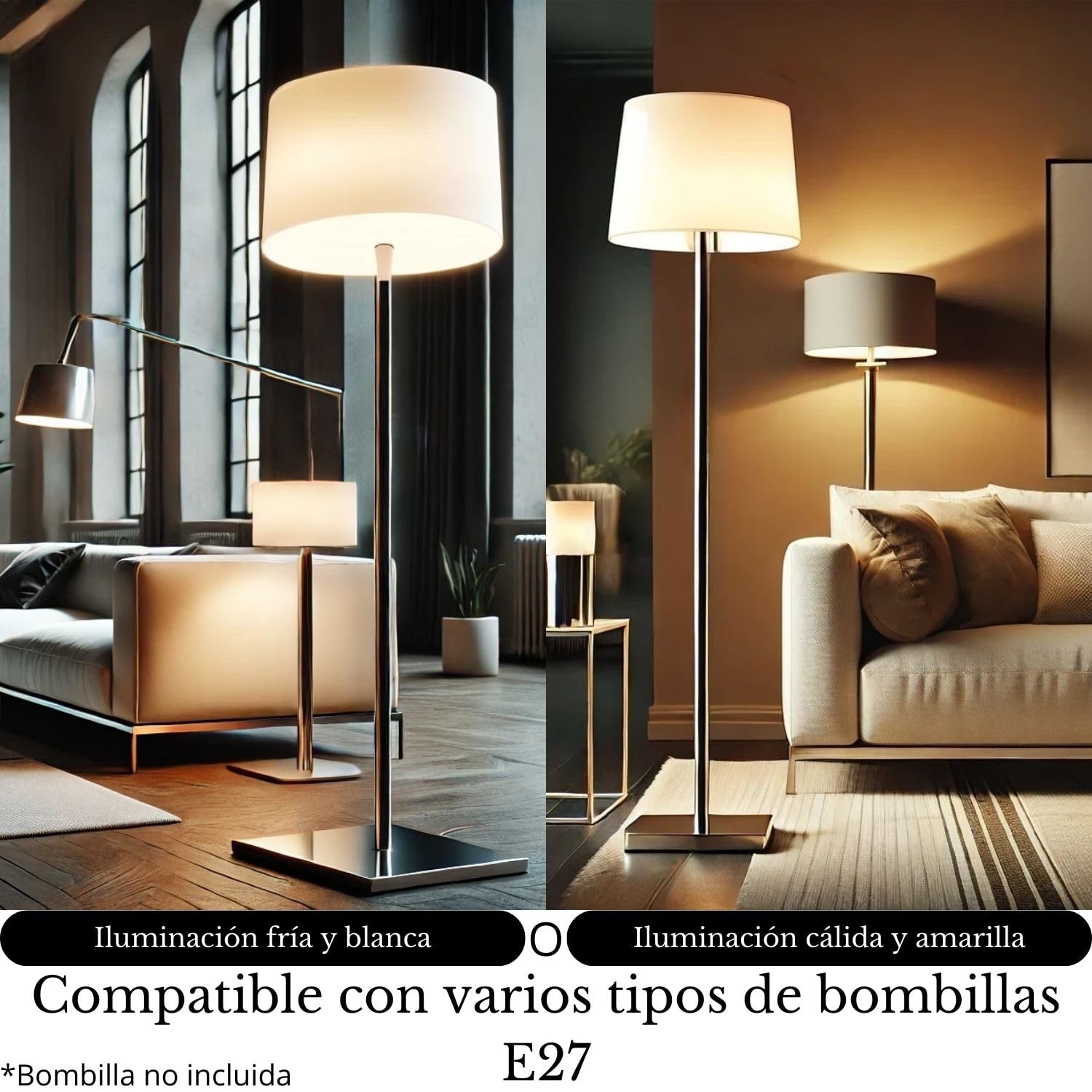 lampara de pie salon FIRENZE -lámpara pie de níquel satinado pantalla blanca incluida - lamparas de pie - E27 IP20 - lamparas de pie para salon - candeeiro de pé - floor lamp