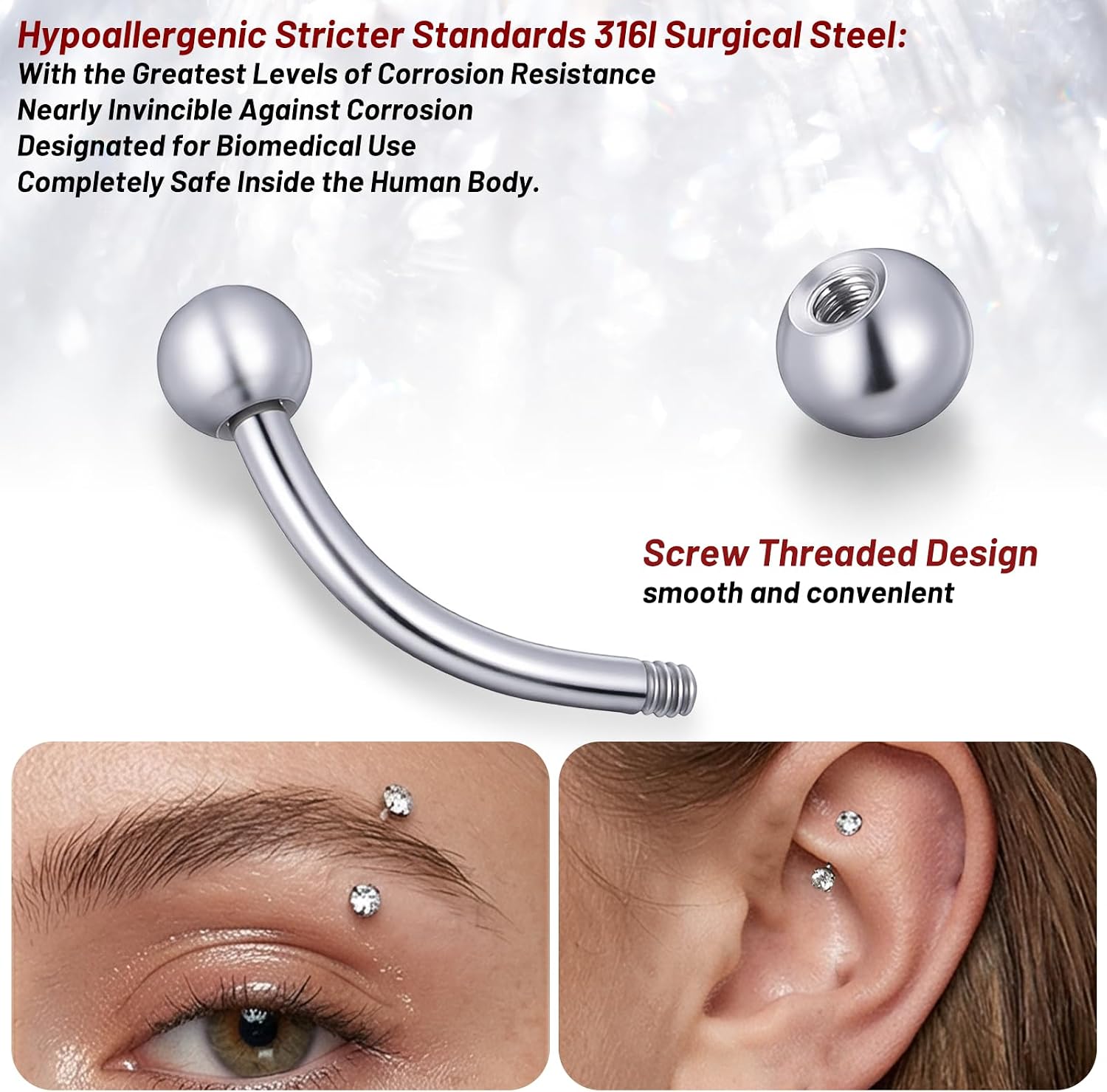 6 Pcs Bridge Piercing Jewelry - Stainless Steel Curved Barbell Piercing Jewelry, 16 Gauge 10mm Eyebrow Rings, Nose Bridge, Surface Tragus Earrings