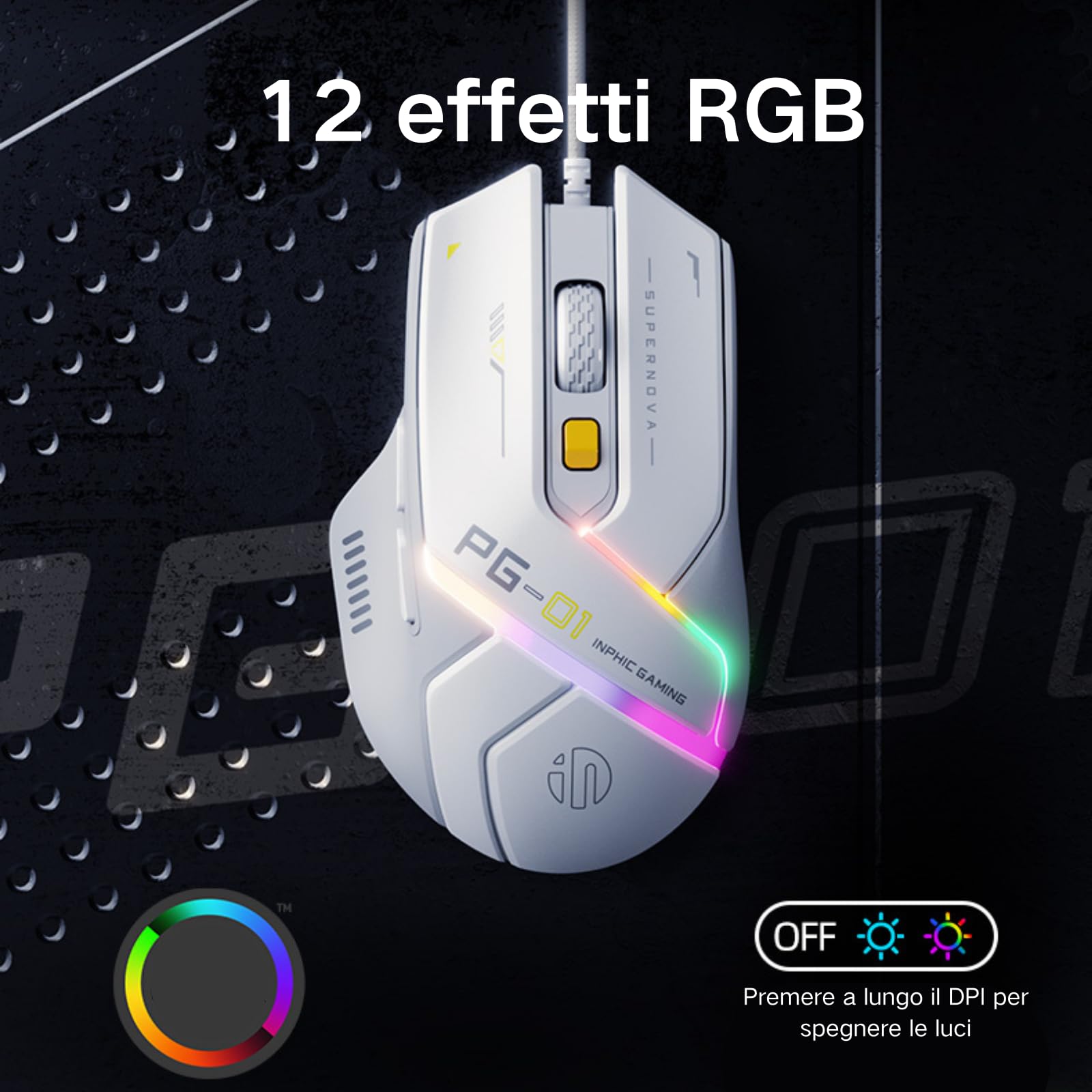 Uineer Mouse gaming con cavo, 12800 DPI regolabili, 6 pulsanti programmabili, 12 mouse RGB traspiranti, mouse ottico da gioco USB ergonomico per PC, laptop e desktop (bianco)