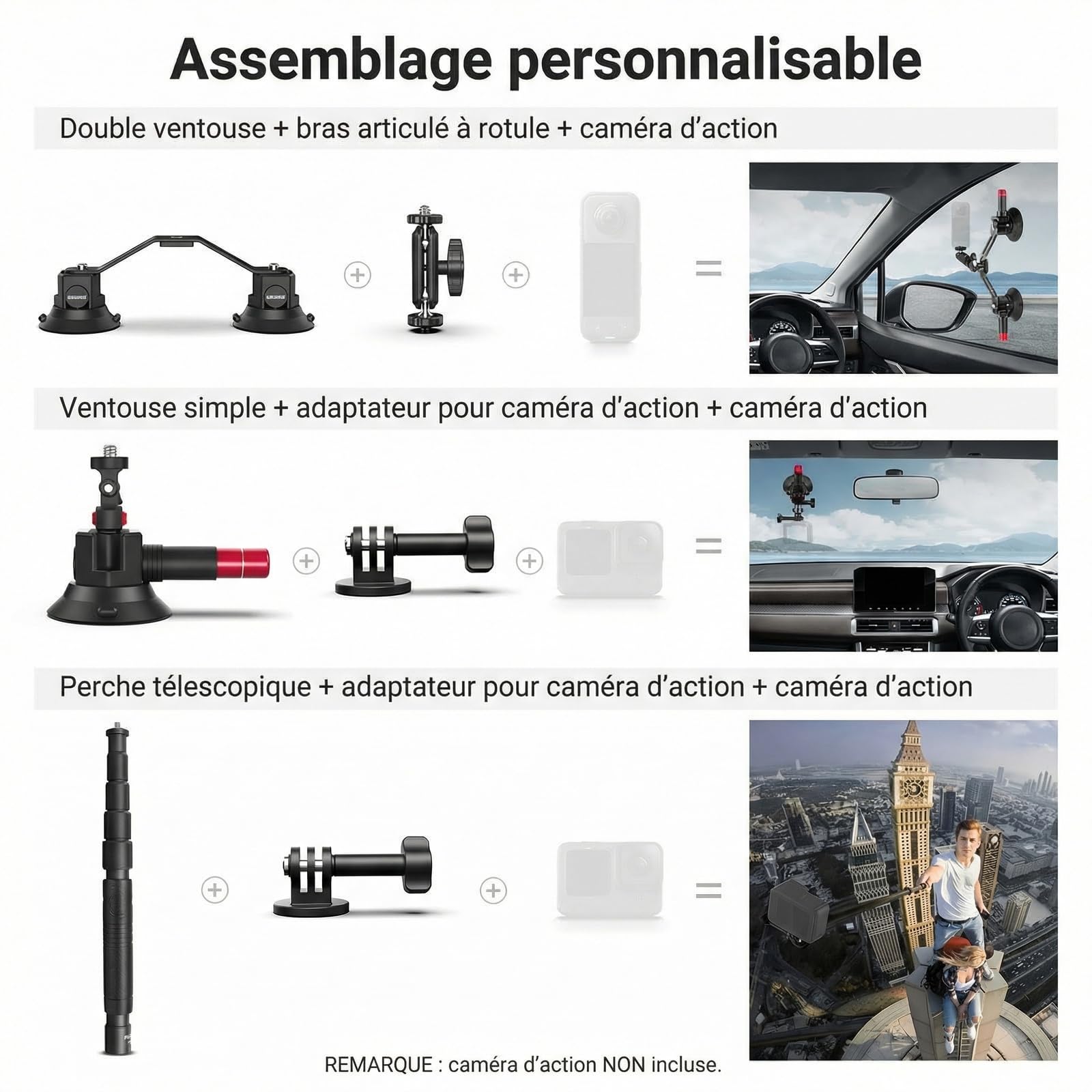 NEEWER Kit de Support Triple Ventouse Camera Voiture avec Perche d'Extension 2 en 1, Libération Rapide, Bras Magique pour Action Caméra, Fixation Triple Ventouse Compatible avec GoPro Insta360, CA065
