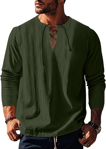 ZOCANIA Mens Cotton Shirts Casual Long Sleeve T Shirts Lace Up V Neck Tops Beach Hawaiian Solid Shirt 2025