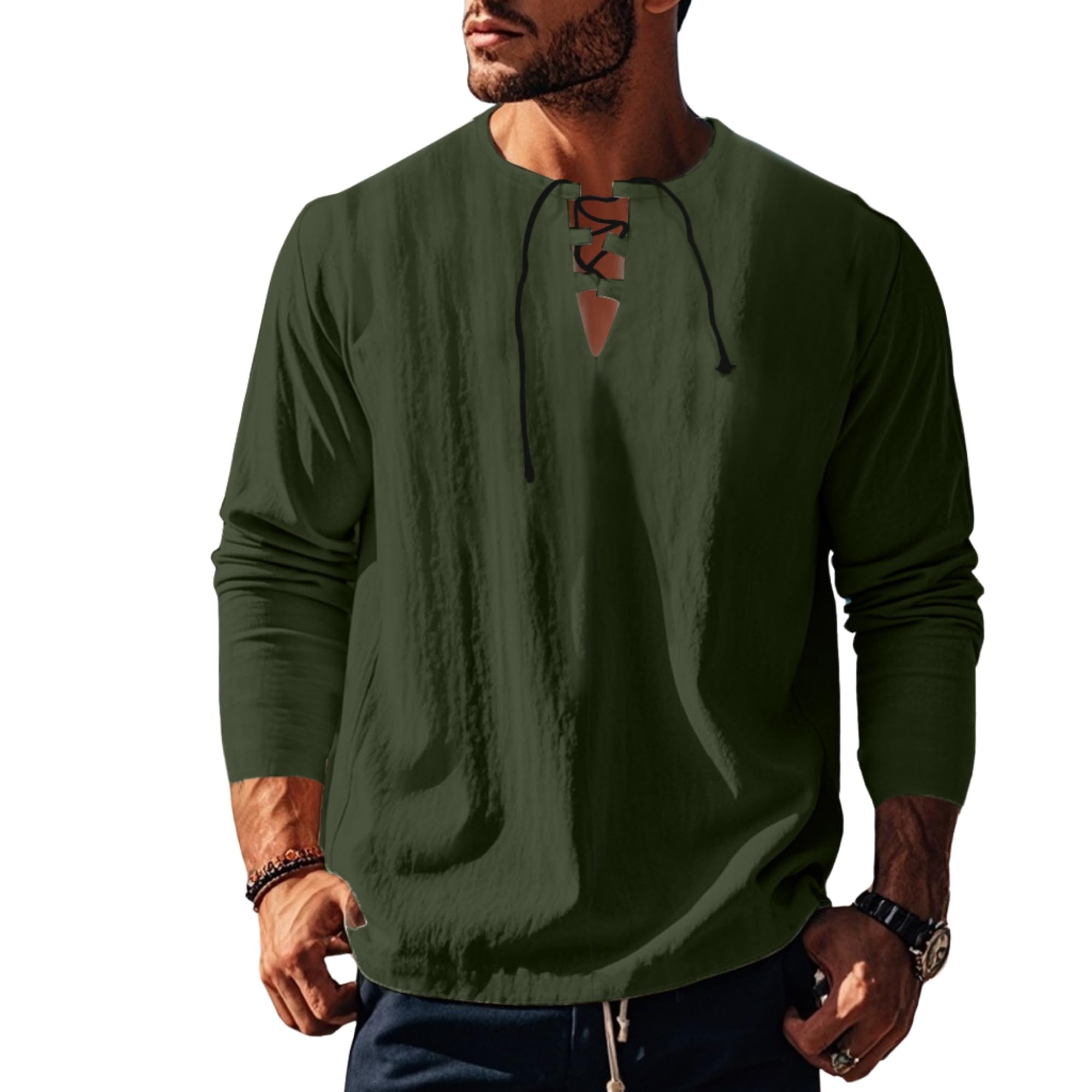 DMOYALA 2025 Summer Linen Shirts for Men Casual Long Sleeve Cotton T Shirts Lace Up V Neck Tops Beach Hawaiian Shirts