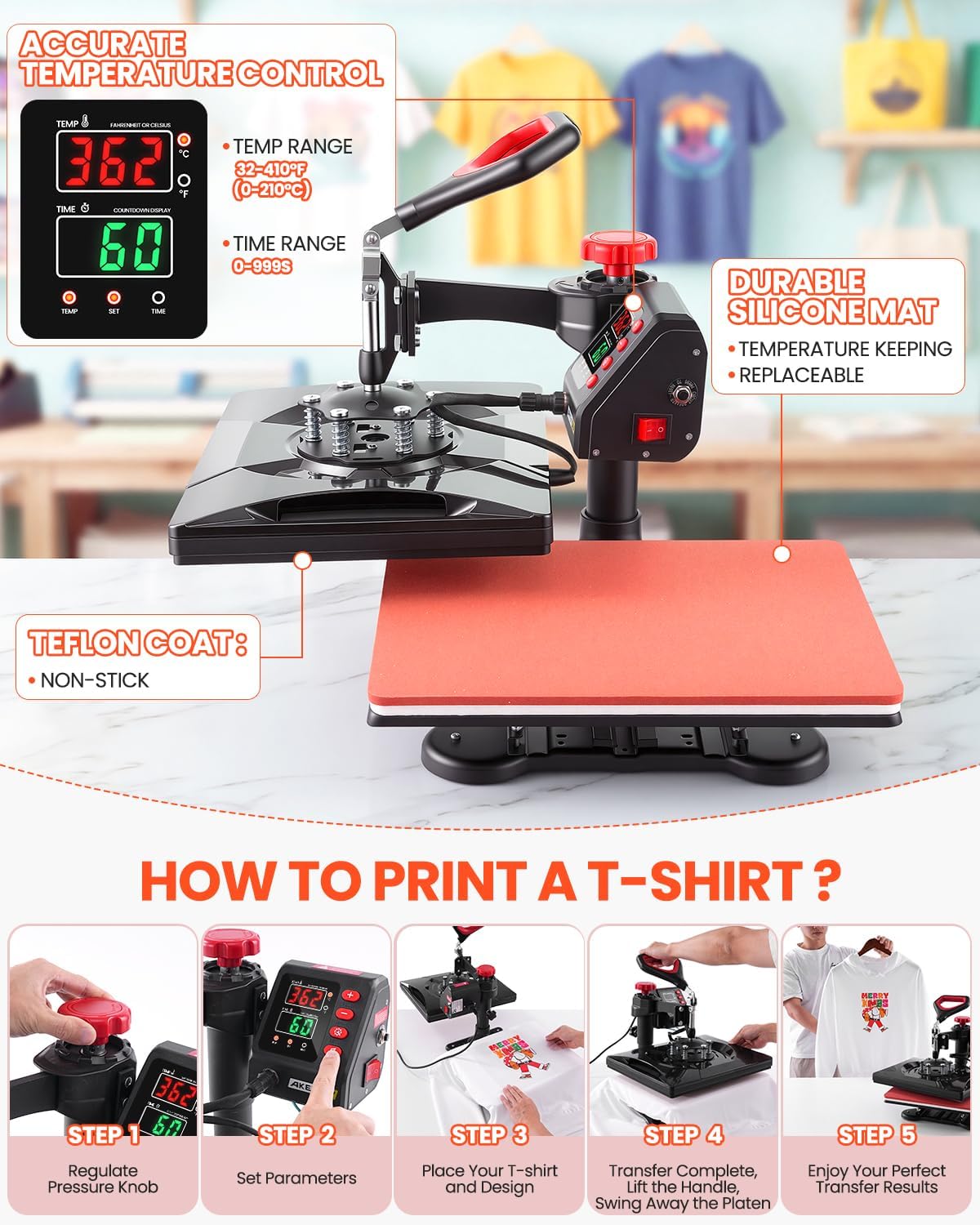 AKEYDIY 5 in 1 Heat Press Machine, 12x15 Digital Sublimation Press