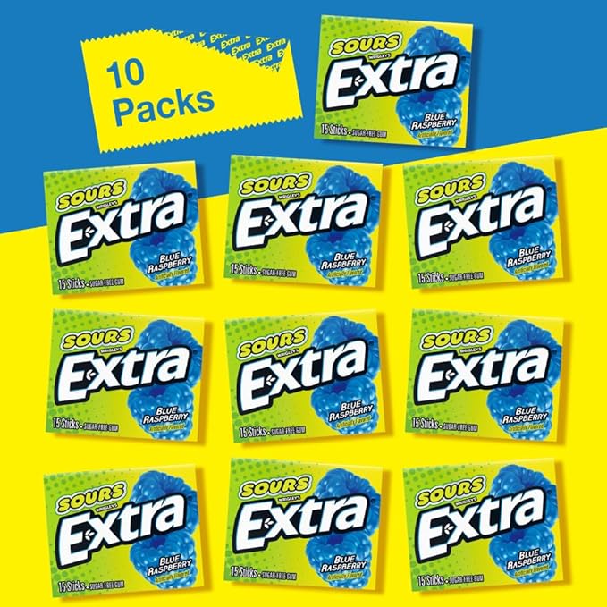 Chicle EXTRA Sours Blue Raspberry Sin Azúcar, Pack de 10 unidades, 1.03 lb miniatura 5