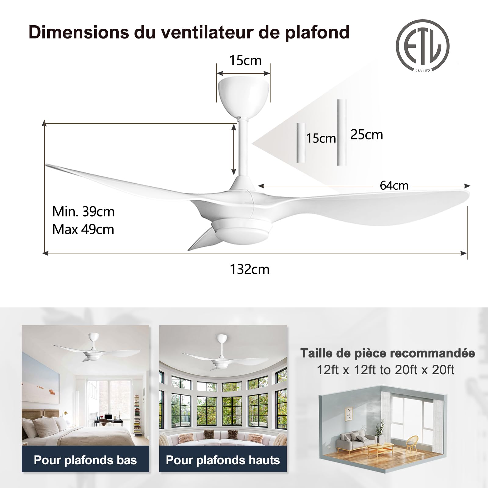 reiga Ventilateur de plafond 132 cm blanc brillant, moteur DC silencieux | 6 vitesses réversibles, lumière LED dimmable, Contrôle par télécommande et app mobile, pour chambre/salon