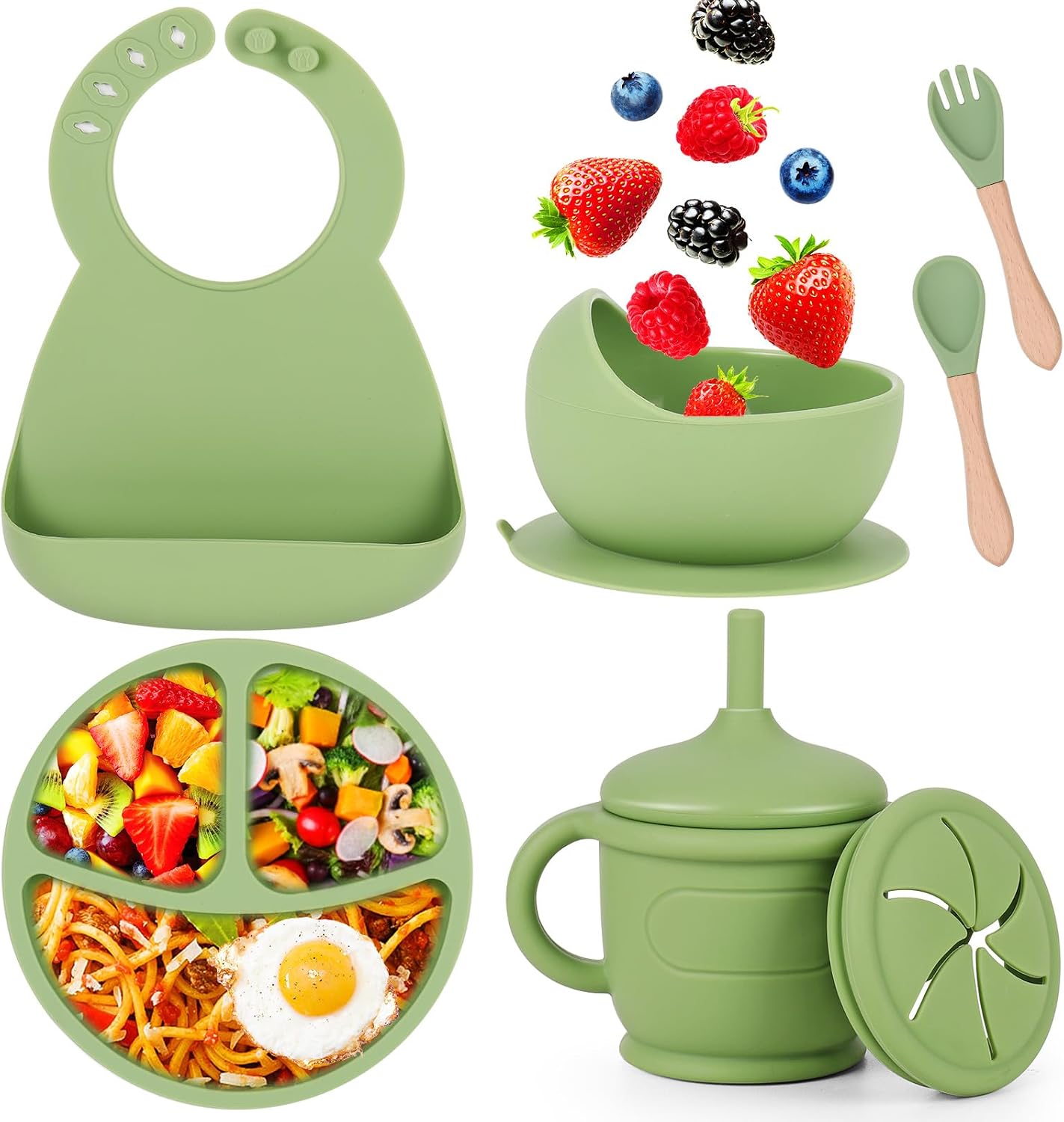 Set Repas Bébé 8 Pièces En Silicone Sans BPA - Assiette Ventouse, Bol, Gobelet, Couverts + Sac Isotherme - Pratique Voyage Dès 6 Mois
