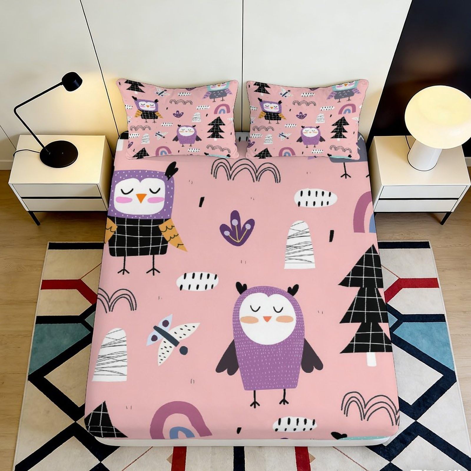 3D Printed Cartoon Owl Fitted Sheet Microfiber Pink Cute Rainbow Bed Cover for Bedroom Guestroom Decor 90x200x25cm