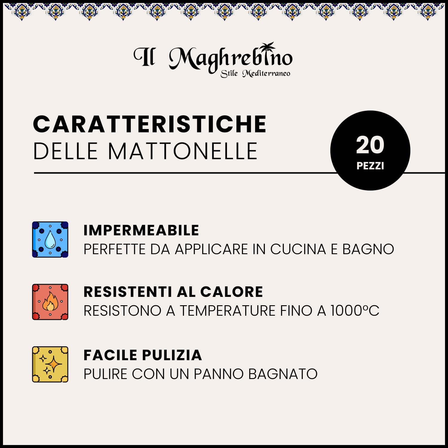 20 Mattonelle STILE ARABO in ceramica smaltata 10 X 10 cm spessore 0,6 cm - Mattonelle Tunisine realizzate con Serigrafia Artigianale (Yessmine Blu Cielo). Adatte a rivestimento.