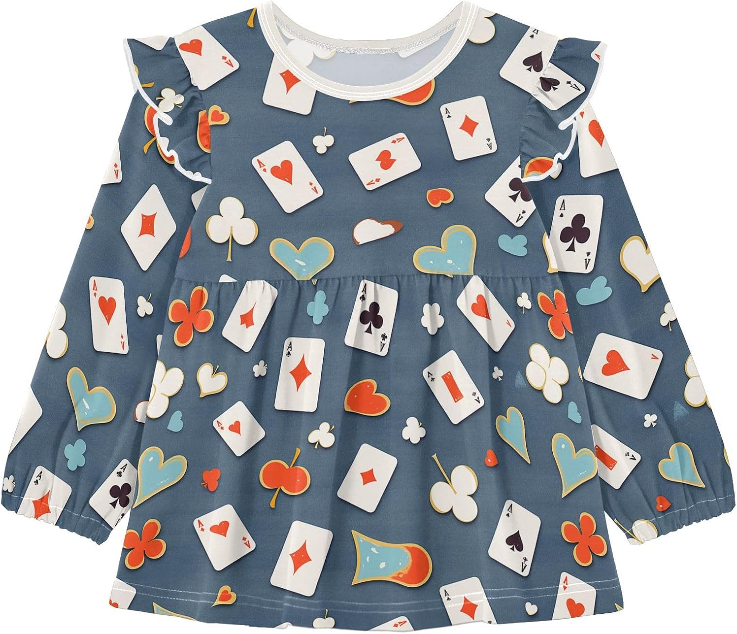 visesunny Toddler Clothes for Girls Playing Card Pattern Long Sleeve Fall Shirts Cotton Top with Ruffle Collar
