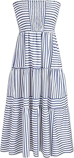 Womens Casual Dresses Strapless Tube Stripped Shirred A Line Blue Beach Vacation Midi Dress Maxi Skirts - Buy now