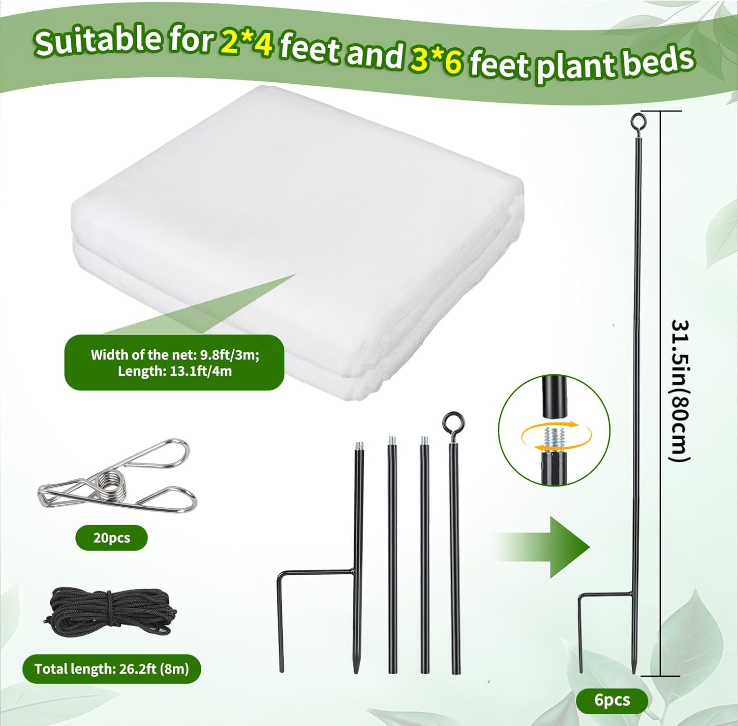 Garden Netting Kit for Raised Beds 10x13FT Garden Mesh Netting with 6 Sets 2.6FT Metal Stakes and Ropes Fine 100-Mesh Insect Pest Barrier Bird Cover 20Pcs Clips for Protect Plant Vegetable