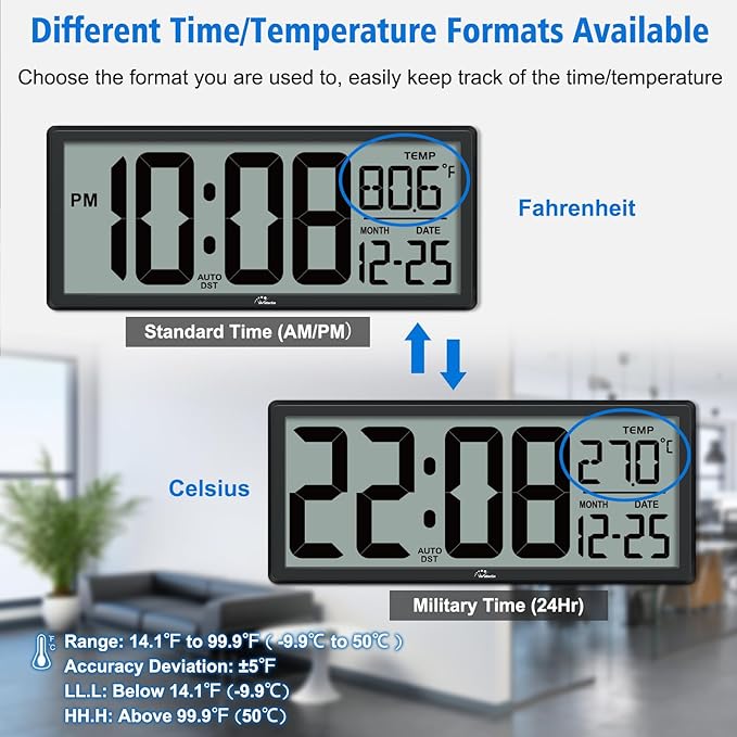 Reloj de Pared Digital Grande con Retroiluminación y Temperatura miniatura 7