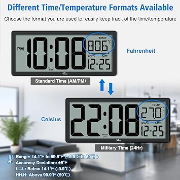 WallarGe 14.5'' Backlight Digital Wall Clock Battery Operated | Temperature and Date, Large Digital Display, Easy to Read and Set, Auto DST, Large Display for Garage, Office, Classroom
