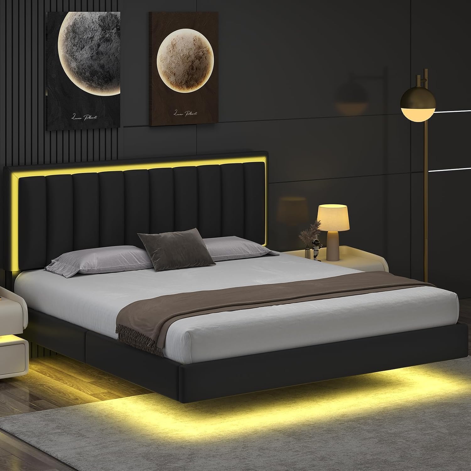 IMMERSTABLE Floating Bed Frame King with LED Lights, Upholstered King Floating Bed Frame and Headboard, Solid Wood Slats Support, No Box Spring Needed, Noise-Free, Easy Assembly, Black