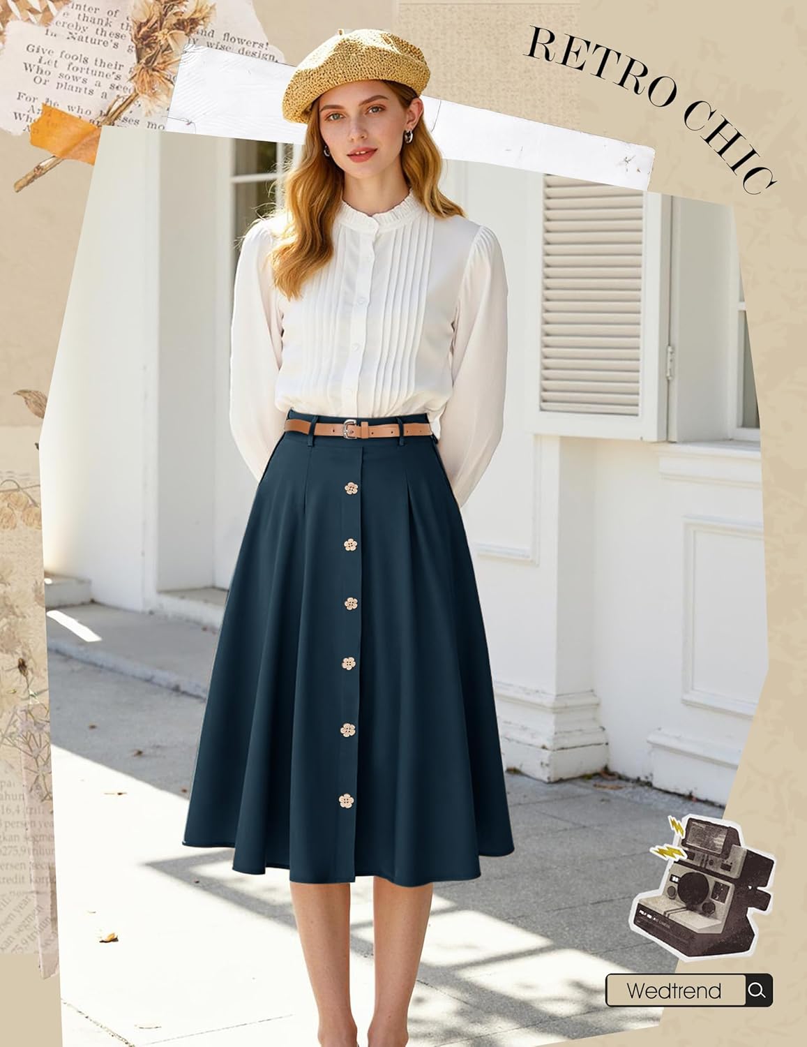 Wedtrend Vintage Skirts for Women Pleated Midi Skirt Button Down Work Skirts A Line Skirt with Belt&Pockets - Image 2