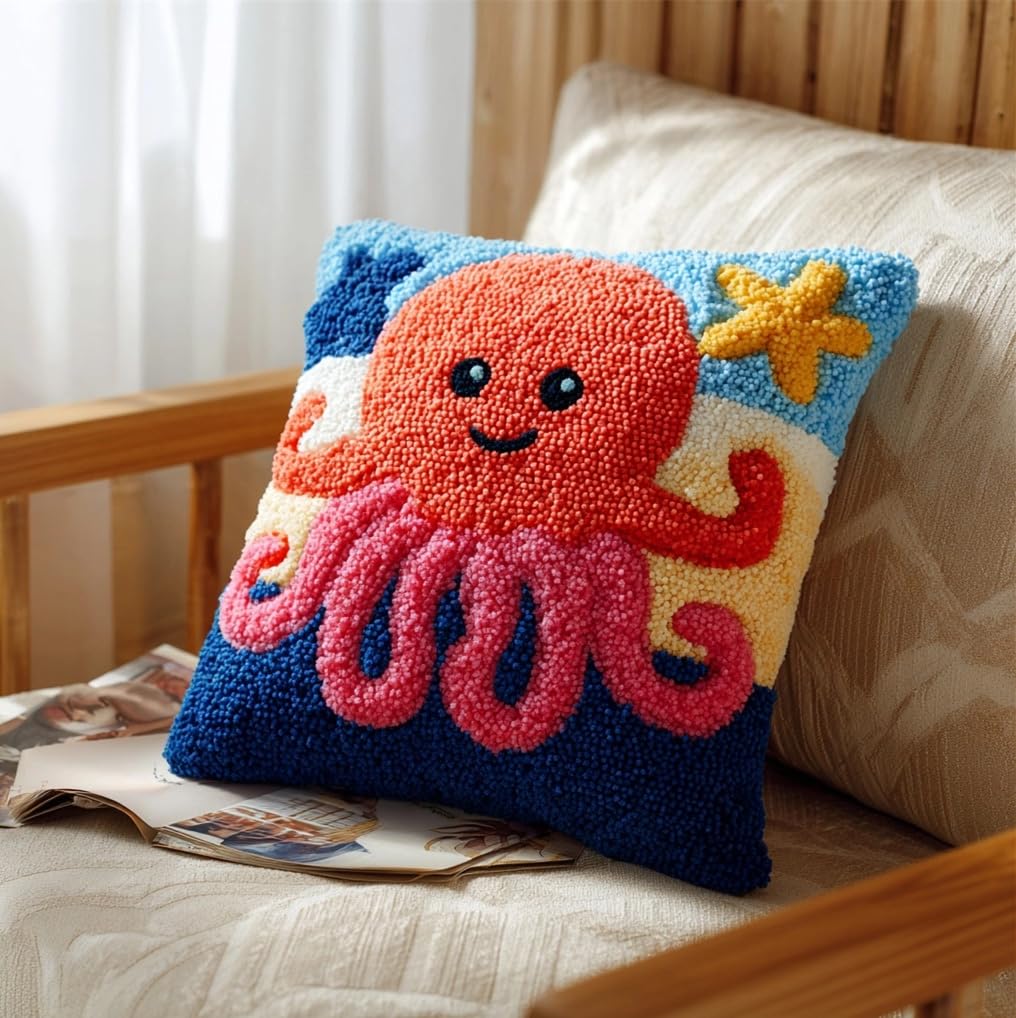 Taxpy Animal Cross Stitch Latch Hook Sofa Cushion Cover,Octopus and Star,3D Pre-Printed Pillow Case Latch Hook Embroidery Pillow Cover Kits with All Tool Fit for and Adults,17X17Inch