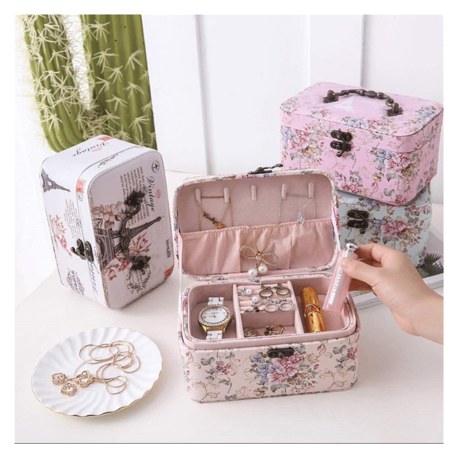 Szkatułka Na Biżuterię Eleganckie, podróżne etui do przechowywania w stylu retro 2-warstwowe damskie etui na biżuterię do noszenia naszyjnika Organizer biżuterii Uchwyt na biżuterię Pudełka I Organize