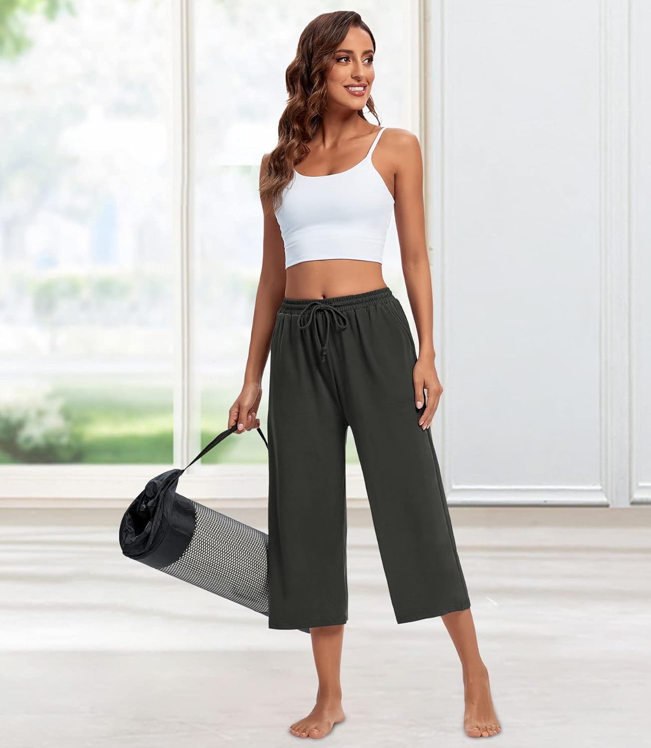 ASIMOON Womens Capri Yoga Pants Wide Leg Drawstring Lounge Pants Loose Comfy Workout Capris Sweatpants with Pockets - Image 5