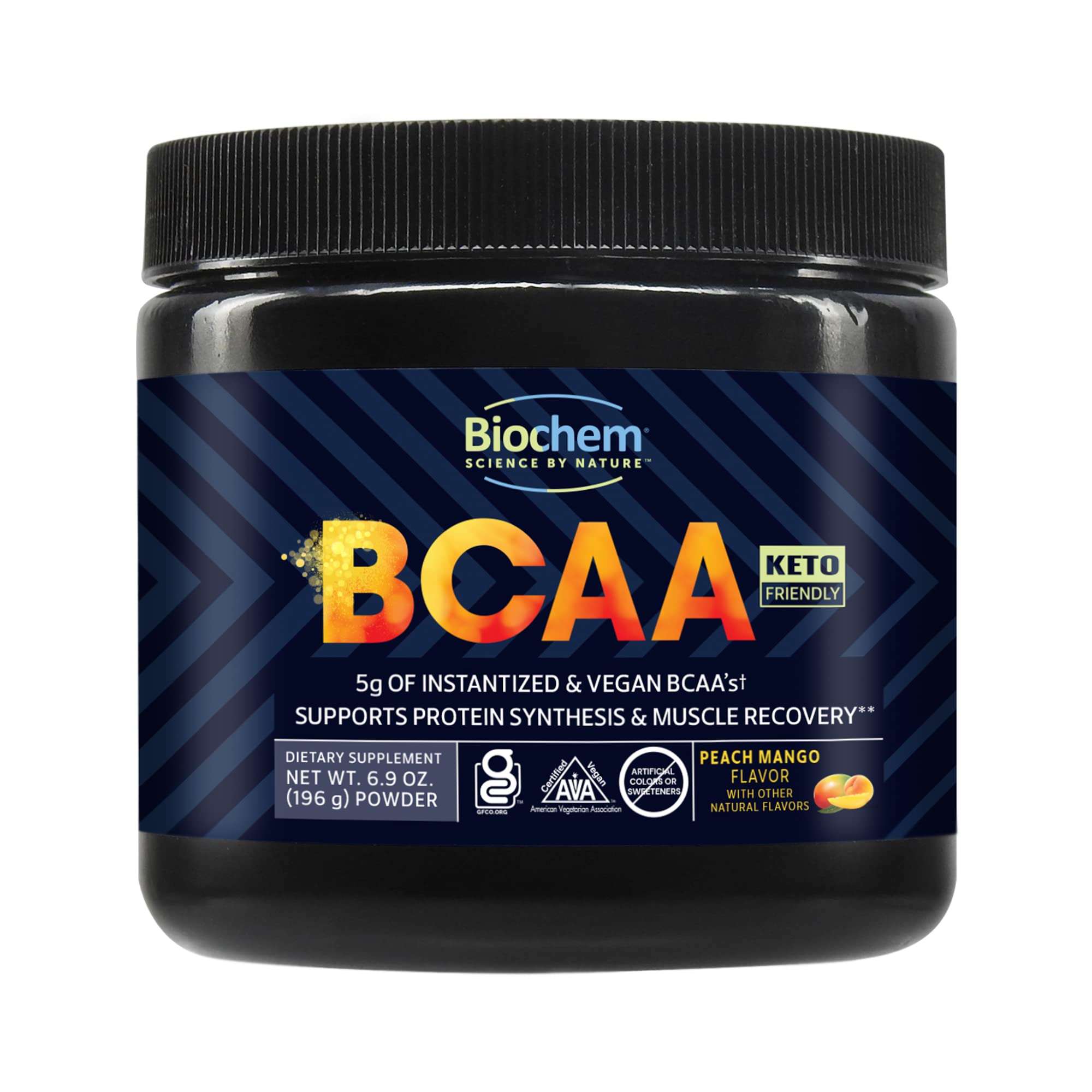 Biochem BCAA Powder Peach Mango 5g, 6.9oz, Certified Vegan, Certified Gluten Free, Keto Friendly