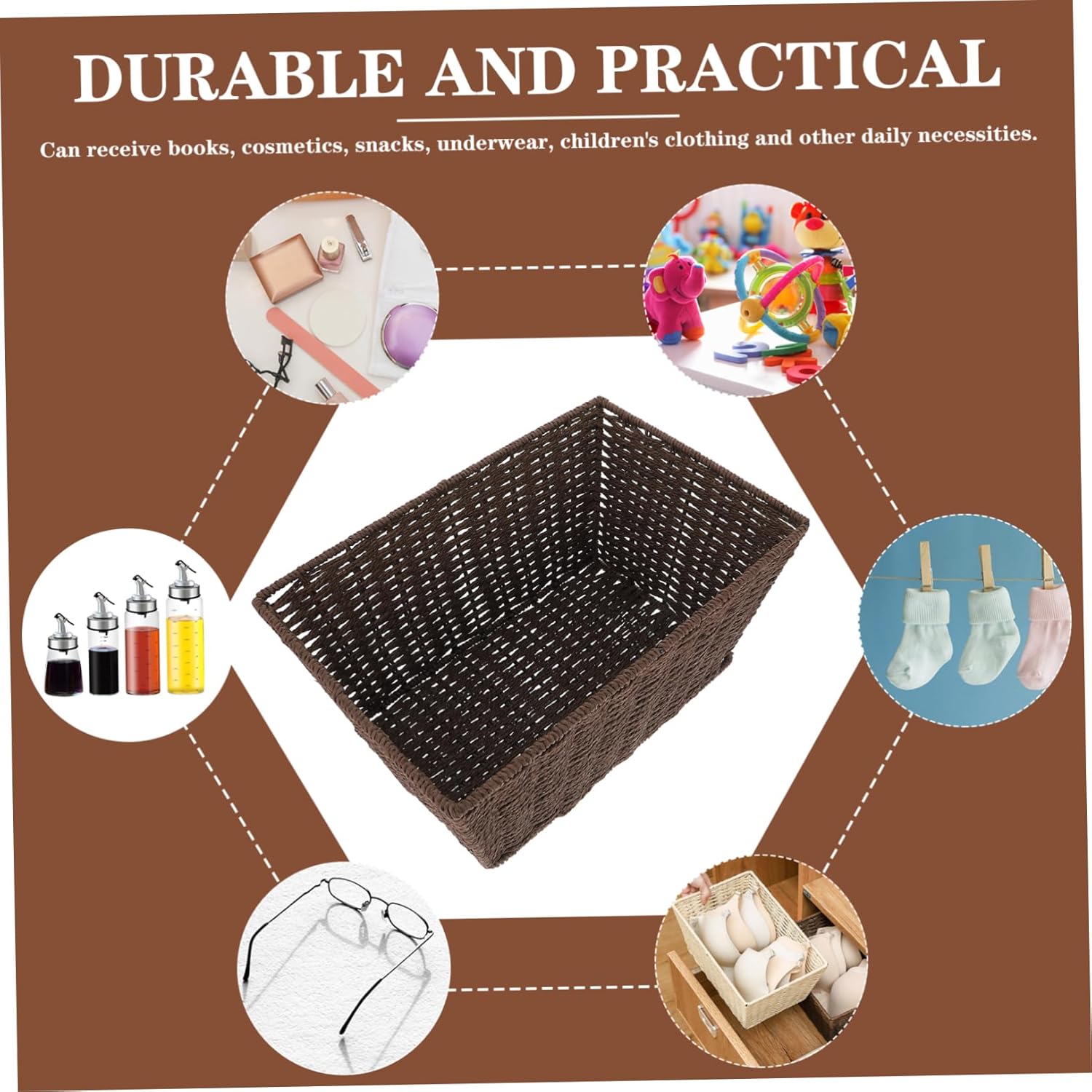 Cabilock Woven Storage Basket Make up Holder Seagrass Storage Hyacinth Storage Laundry Clothes Bin Stationery Storage Basket Farmhouse Woven Hamper Paper Rope Coffee Handle