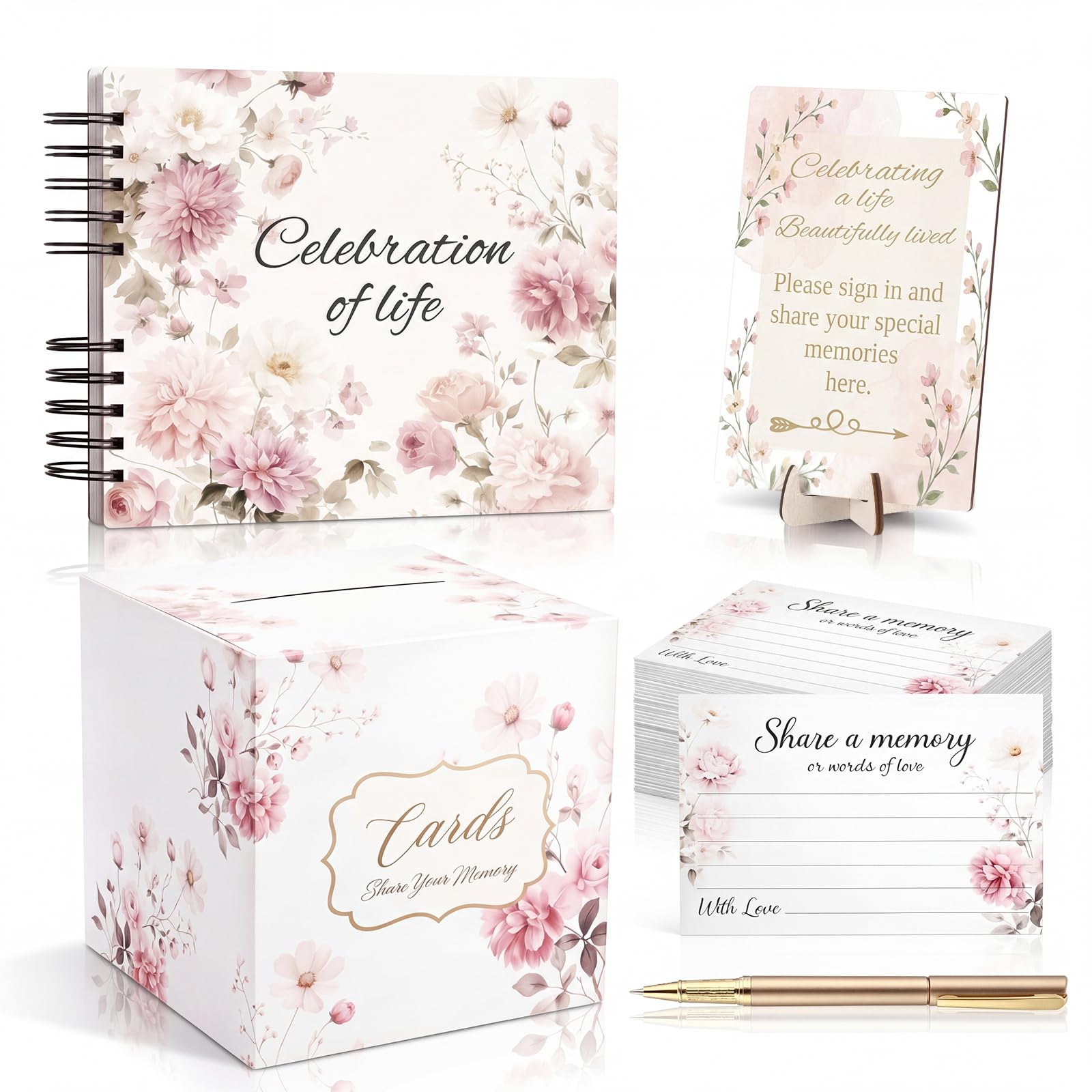 Engrowtic Juego de 64 libros de invitados funerarios para celebración de la vida, libro de invitados de madera en memoria amorosa con 60 tarjetas de memoria para compartir, caja de tarjetas, letrero