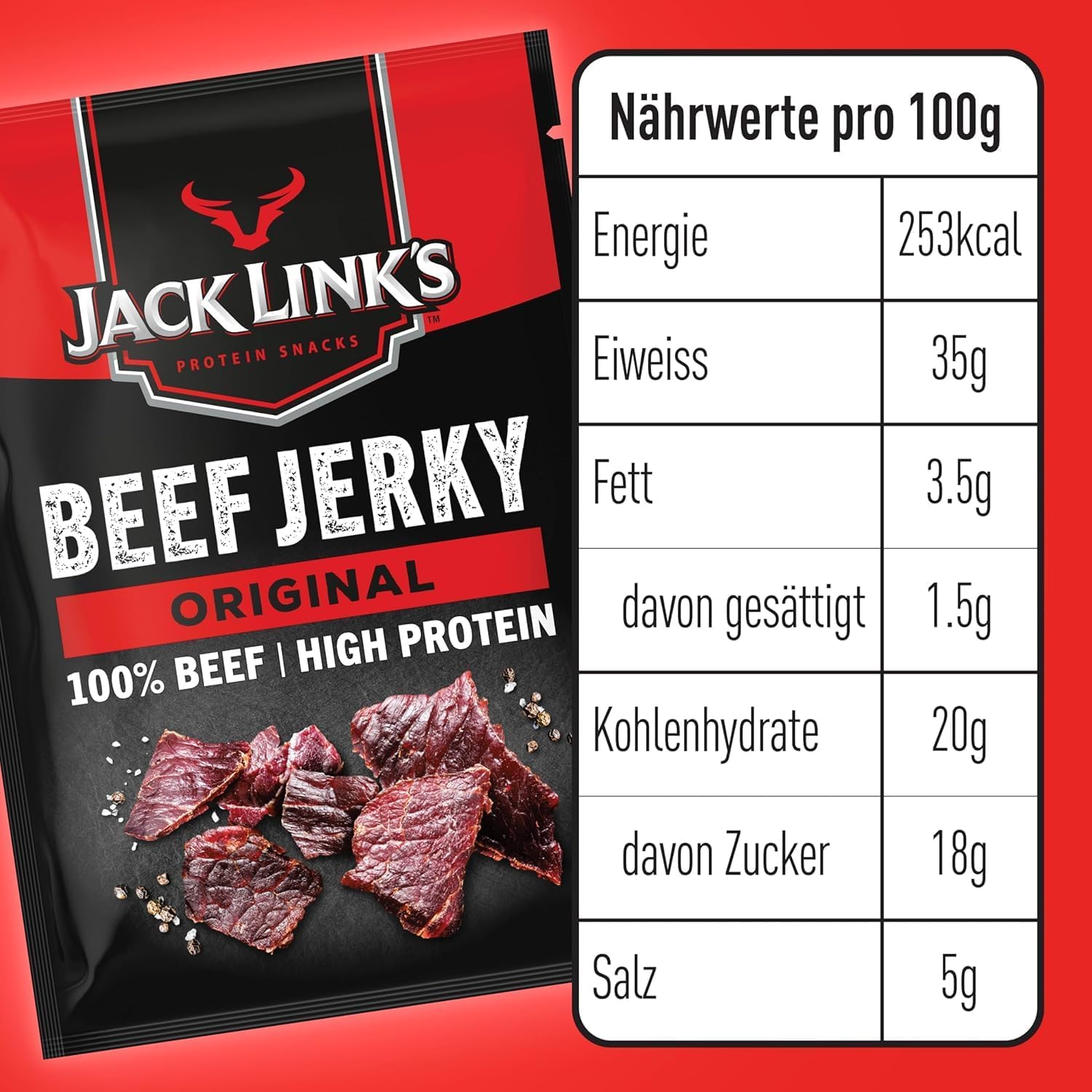 Jack Links Beef Jerky Original 12er Pack 12 x 60g Trockenfleisch High Protein Snack für Gym Fitness Outdoor