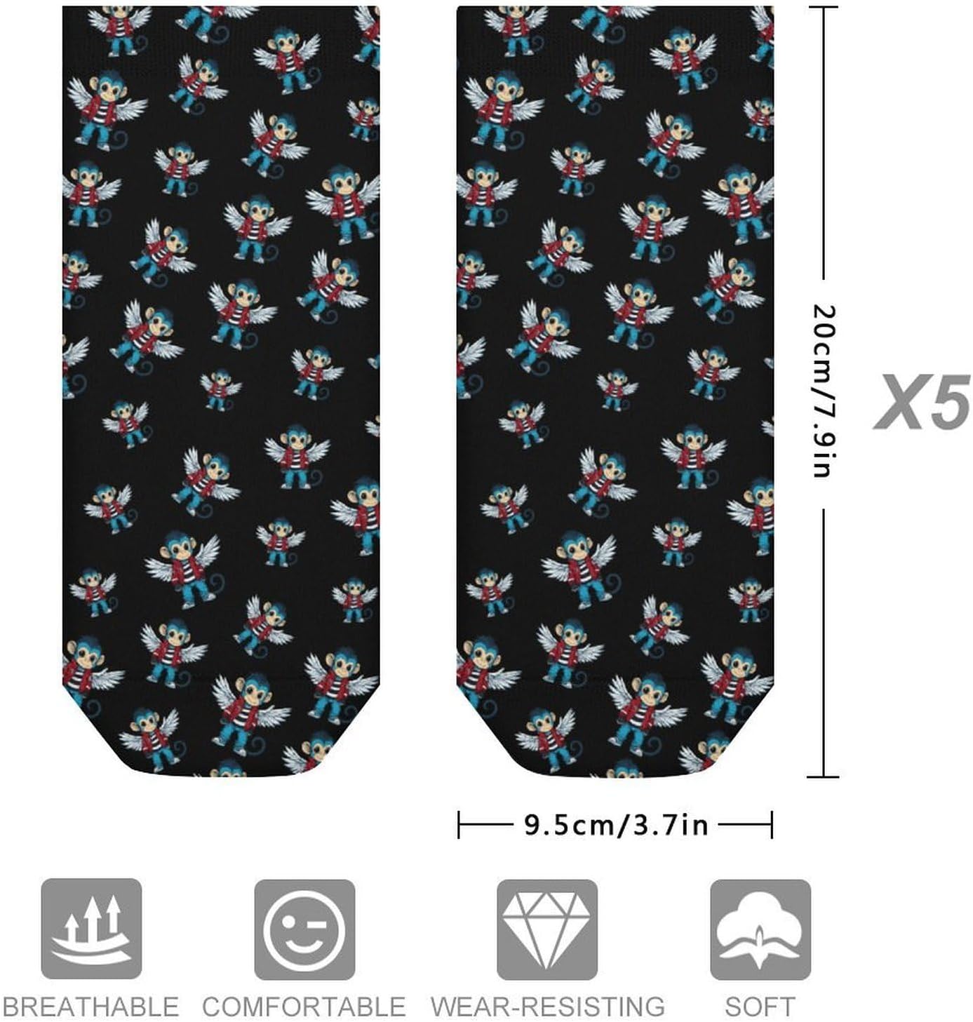 Flying Cute Monkey 5 Pairs Low Cut Ankle Socks Casual Liner Sock No Show Invisible Socks for Men Women