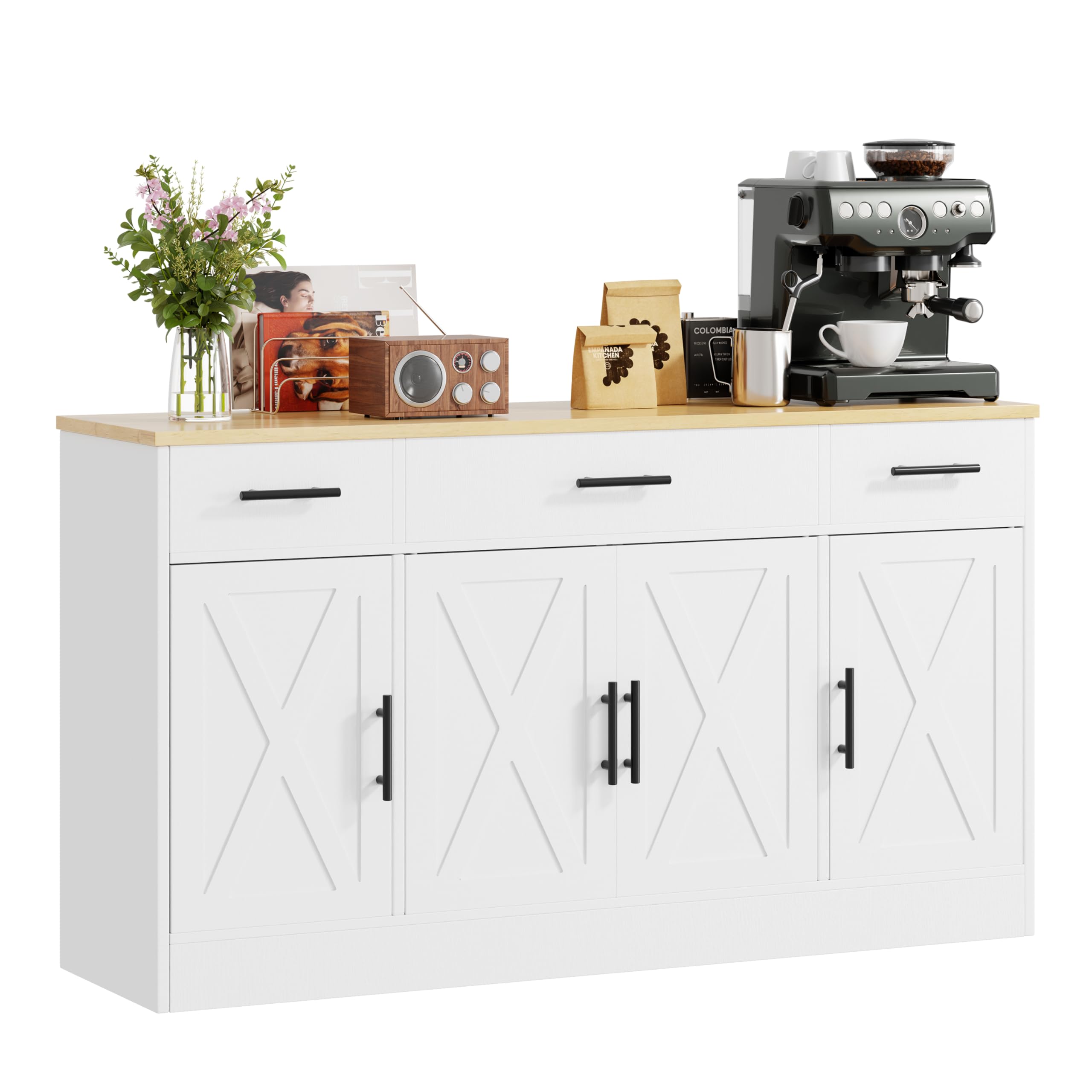 Shintenchi Buffet Cabinet with Storage,53.4" Large Kitchen Storage Cabinet with 3 Drawers and 4 Doors,Wood Farmhouse Buffet Sideboard with Adjustable Shelf for Kitchen Living Room