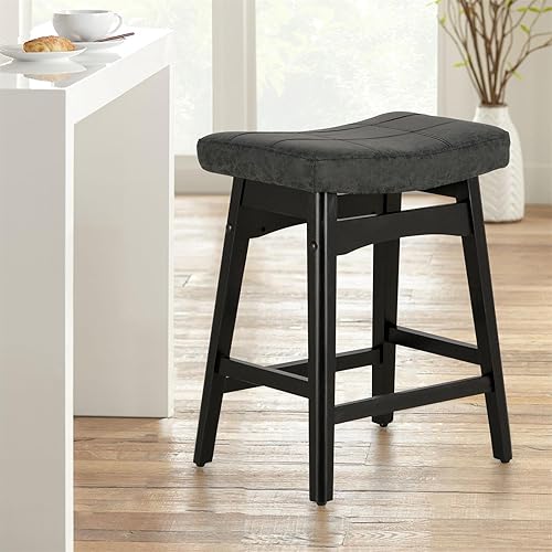 Sophia & William Taburete de bar de altura de mostrador de 24 pulgadas con patas de madera, taburete de bar tapizado de cuero abrasivo para isla de