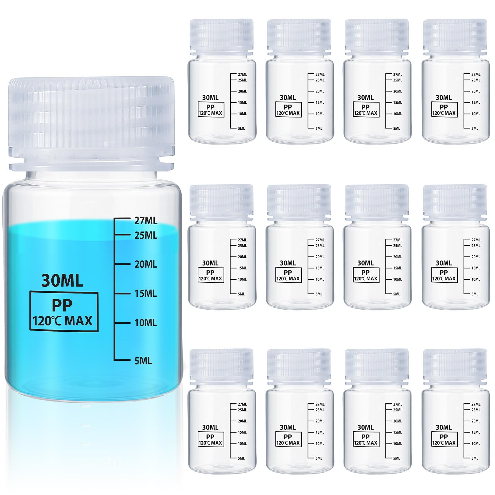 Tatuo 12 Pcs 1oz 30 ml Plastic Sample Bottles with Screw Cap, Liquid Containers with Lid for Lab Reagent Sample Medicine Pill Water Storage, Travel