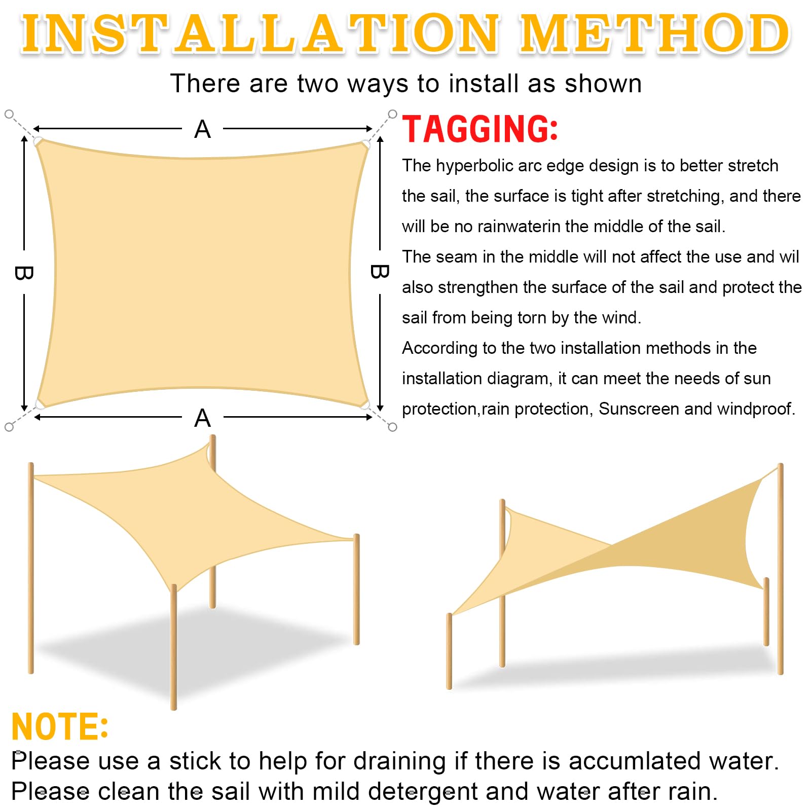 Vela Ombreggiante Rettangolare 3x4 m, Tenda da Sole per Esterno, Impermeabile Protezione UV 95%, Tenda a Vela per Terrazza, Giardino, Balcone, Campeggio (Colore Sabbia)