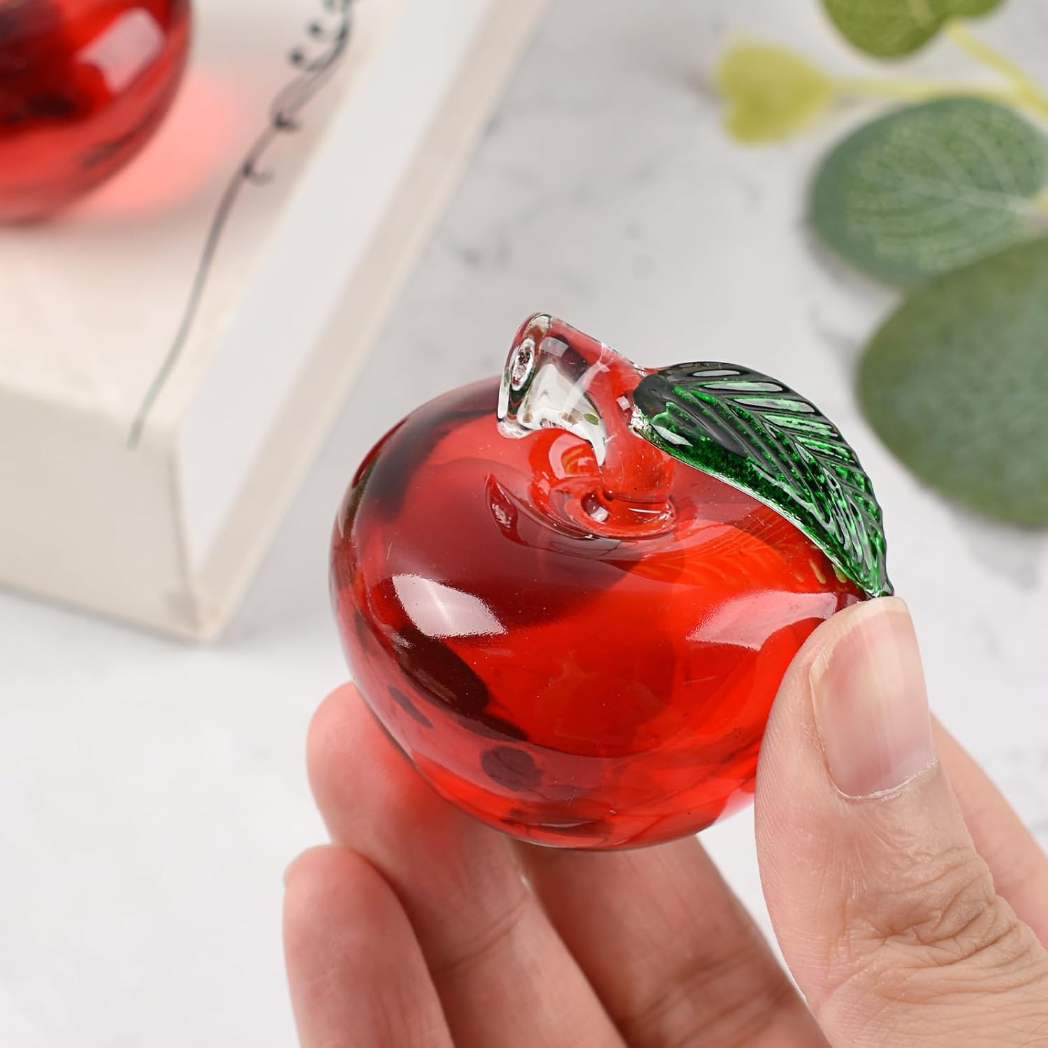 Artificial Apples, 2 Pcs Glass Apples Fake Fruits for Home Kitchen Office Table Decor DIY Ornament Decoration