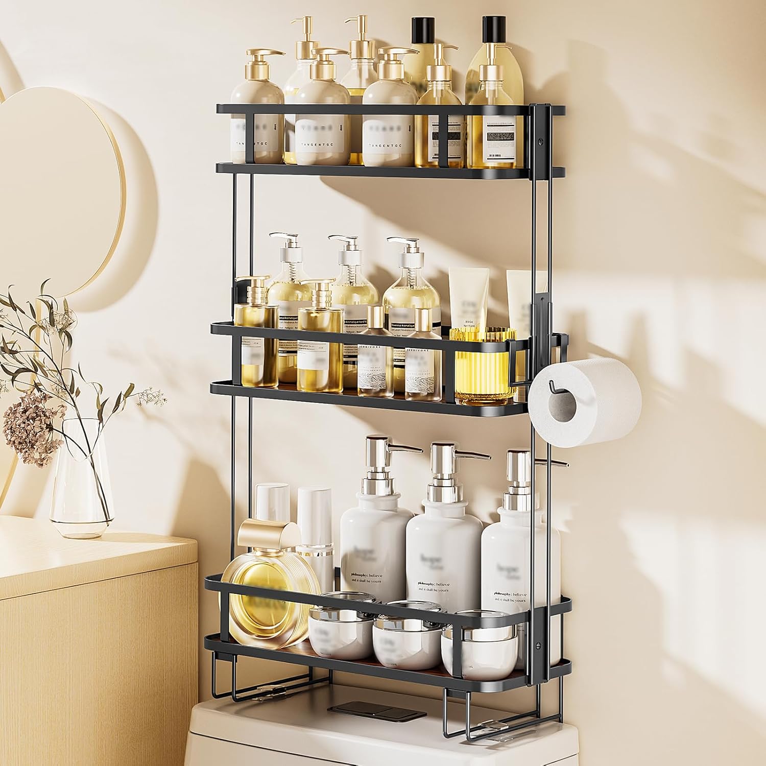 LAMU 3-Tier Over-The-Toilet Storage Shelf, Bathroom Organizer, Large Capacity, No-Drill Installation, Rust-Resistant Thick Material, Perfect for Bathroom Shelf, Black LAMU 3-Tier Over-The-Toilet Storage Shelf, Bathroom Organizer, Large Capacity, No-Drill Installation, Rust-Resistant Thick Material, Perfect for Bathroom Shelf, Black