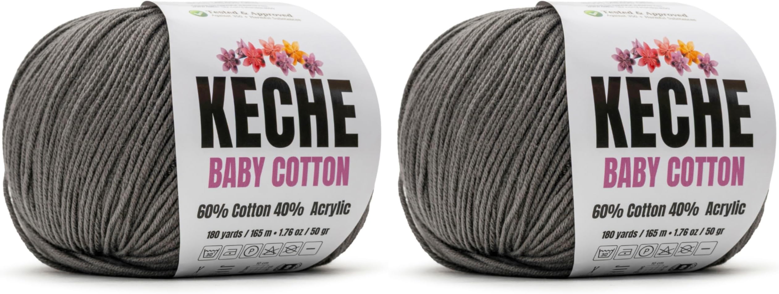 Keche Baby Cotton, 60% Cotton 40% Acrylic Yarn, Soft Cotton Yarn for Crochet and Knitting, Amigurumi Yarn 4 Skeins/Balls [1.76 Oz (50g) / 180 Yrds (165m)] x 2 Dark Grey