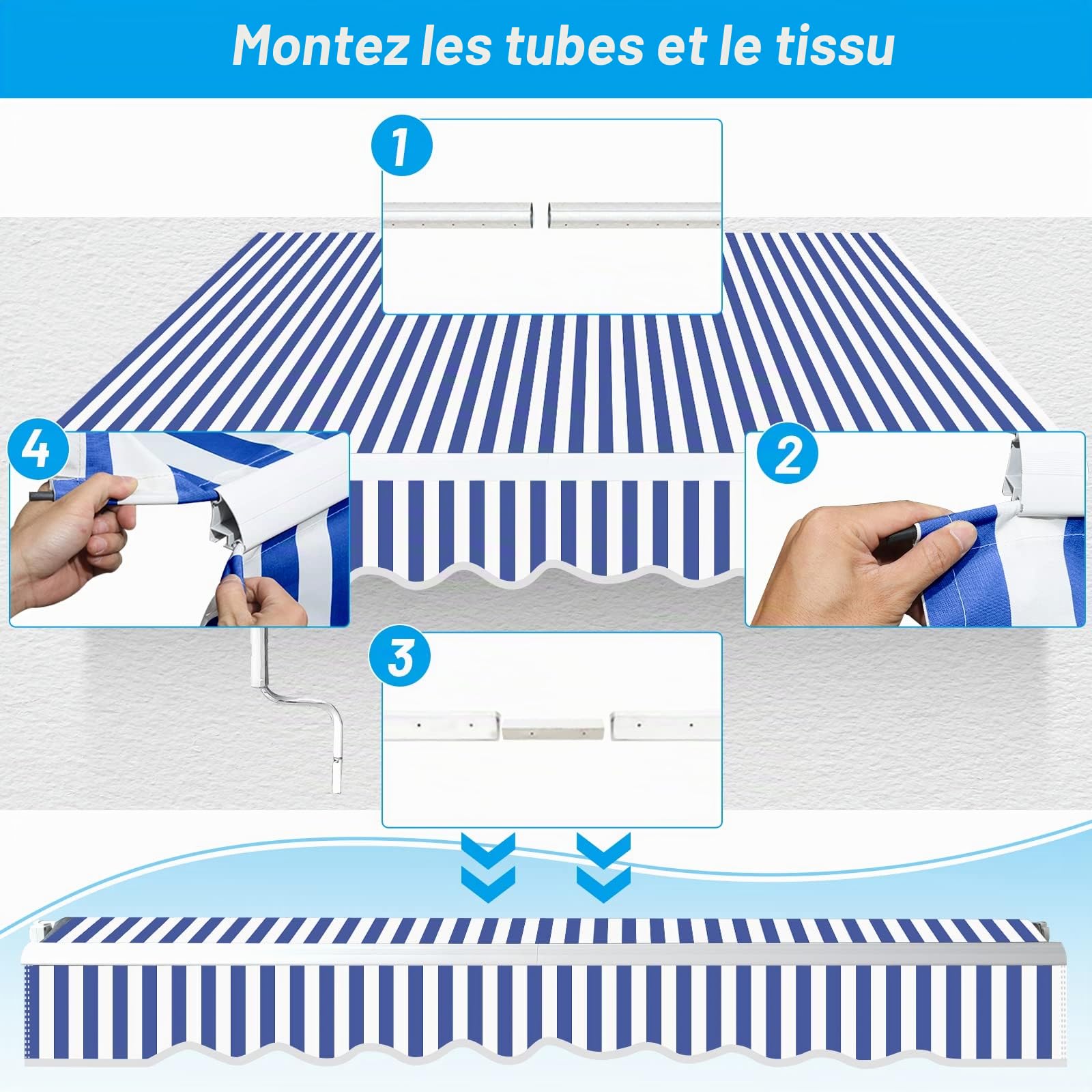 Store Banne Manuel, 350x300cm Bleu-Blanc Store de Terrasse en Aluminium et Polyester avec Manivelle, Auvent Rétractable à Bras Repliable, Angle Réglable 0-30°, Résistant aux UV