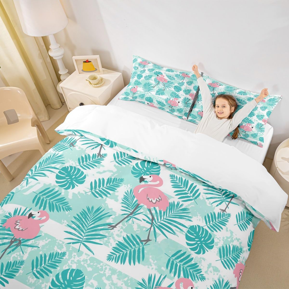 Flamingo Kids Duvet Cover Set Queen Size,Palm Leaves Tropical Plants Bedding Set,Girls Boys Adults Bedroom Decor,Cartoon Animals Stripes Comforter Cover,Pink Romantic Quilt Cover,2 Pillowcases