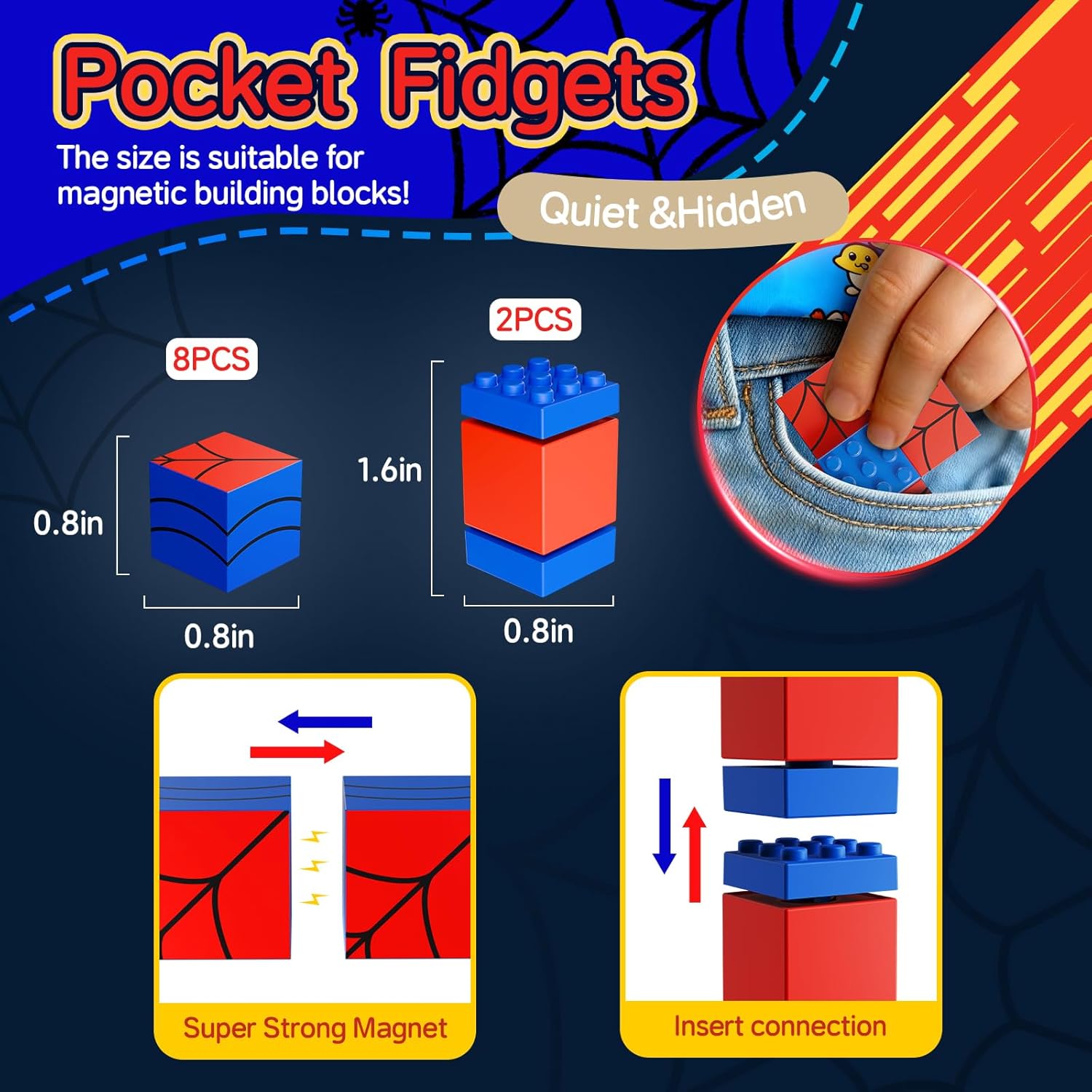 2 Pcs Spider Magnetic Fidget Spinner with 8 Blocks Toys, Spider Party Favors, Magnetic Building Cubes, STEM Sensory Stress Relief, Valentines Day Birthday Gifts for Kids 3-8 -14, Classroom Prize