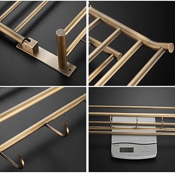 Antique Brass Bathroom Towel Rack with Hooks and Bars Wall Mounted Rustproof Towel Shelf for Kitchen and Lavatory Towel Hanger and Rail Hardware for Shower and Toilet Area. (One Color 50cm/19.7in)