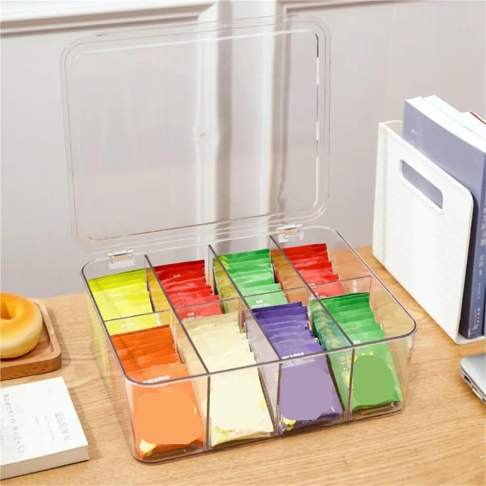 Organisateur De Sachets De Thé Boîte de rangement de sachets de thé en plastique, 2 pièces, boîte de rangement empilable transparente avec couvercle, conteneur de stockage organisateur de café(L)