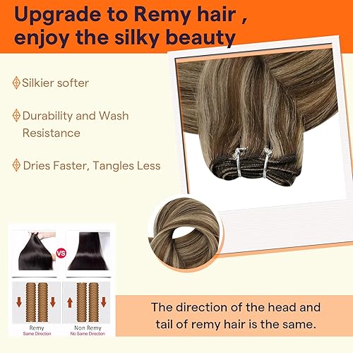 Miniatura 3 de Full Shine Trama de cabello humano real, para extensiones cosidas, 3.70 oz (105 g), 24 pulgadas (60.96 cm), castaño con rubio caramelo