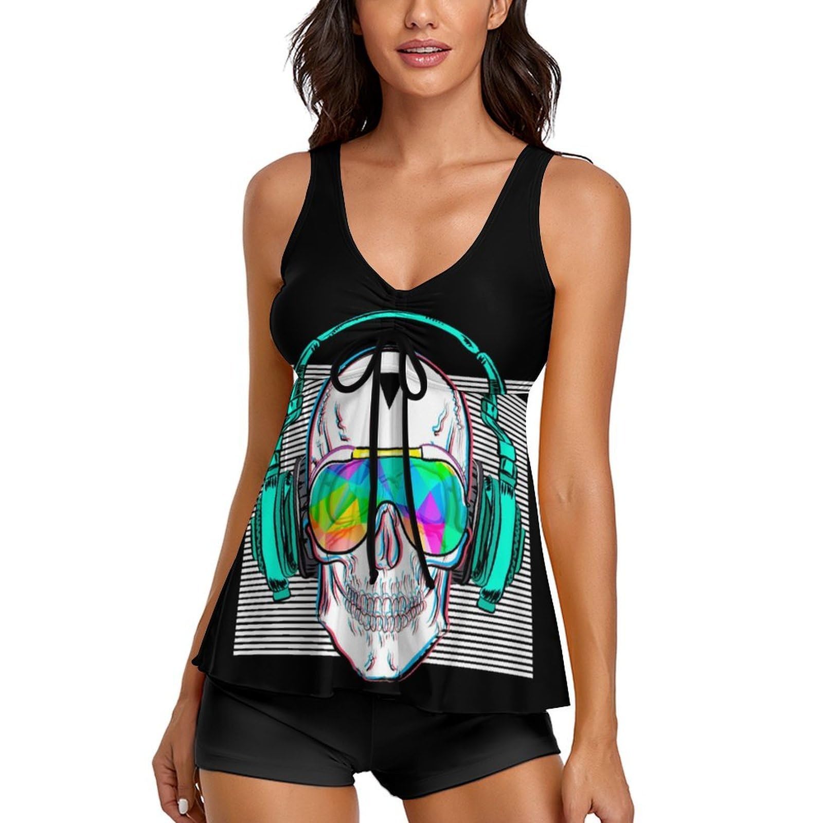 Stroje kąpielowe dla kobiet, Rock and Roll Skull Tankini dla kobiet z szortami, stroje kąpielowe do surfowania, nurkowania